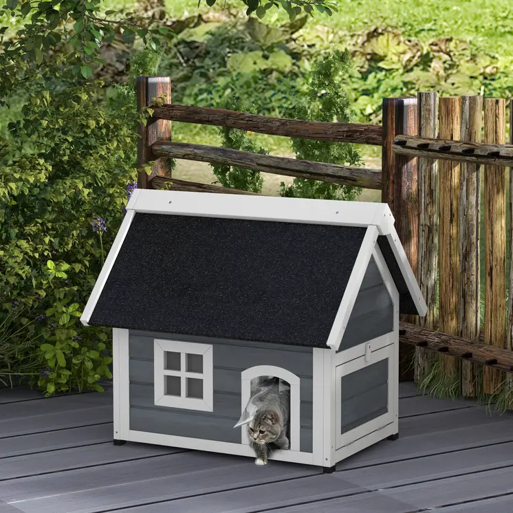 Outdoor Cat House, Wooden Feral Cat Shelter Waterproof Hide House with Openable Asphalt Roof and Three Doors, 77 x 57.5 x 68cm, Grey | PawHut