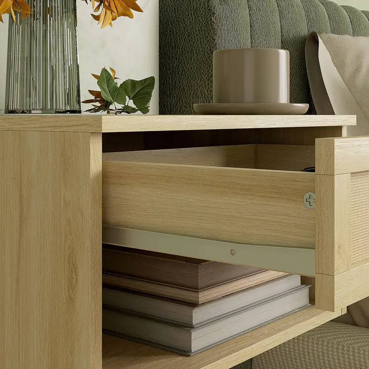 Set of Two Rattan Panel Floating Bedside Tables - Wood-Effect | HOMCOM