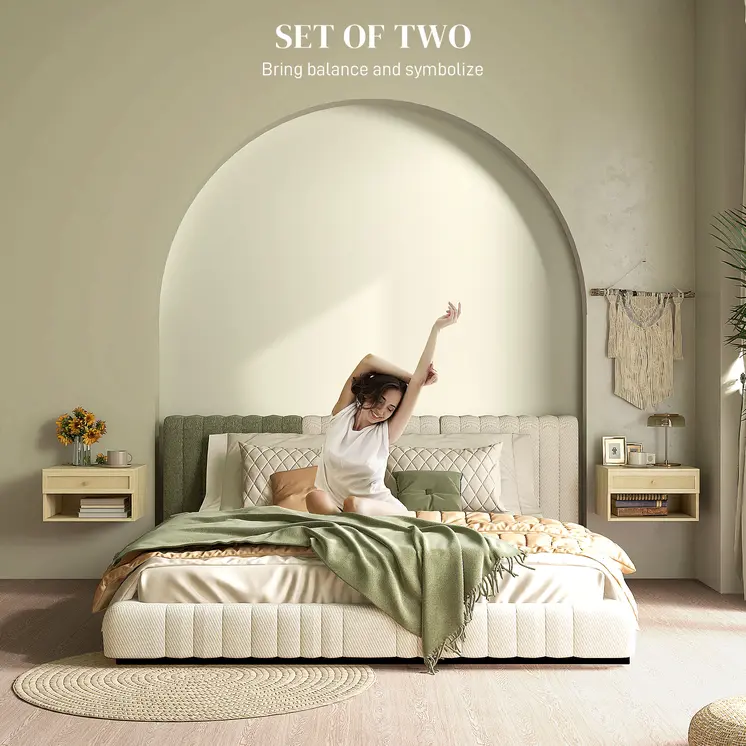 Set of Two Rattan Panel Floating Bedside Tables - Wood-Effect | HOMCOM