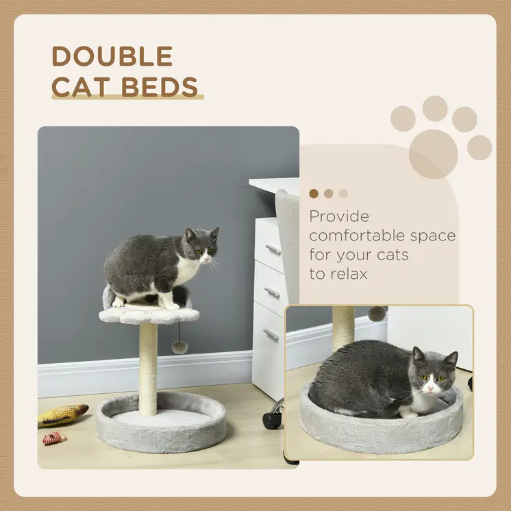 44cm Cat Tower with Sisal Cat Scratching Post, Cat Claw Shape, Light Grey | PawHut