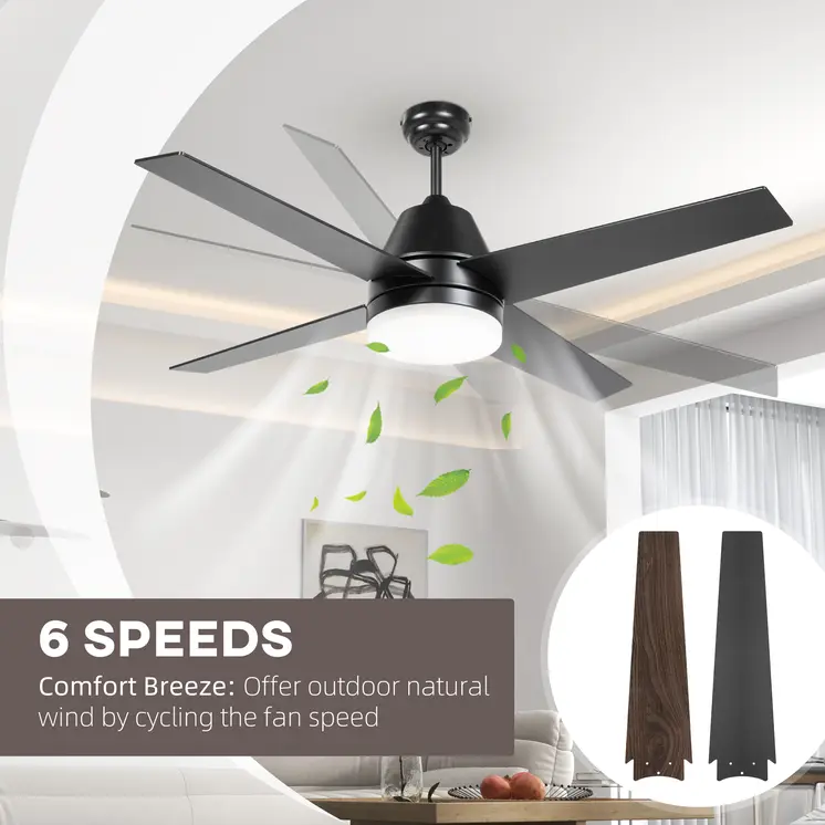 Ceiling Fan with LED Light, Flush Mount Ceiling Fan Lights with Reversible Blades, Remote, Black and Walnut Brown | HOMCOM