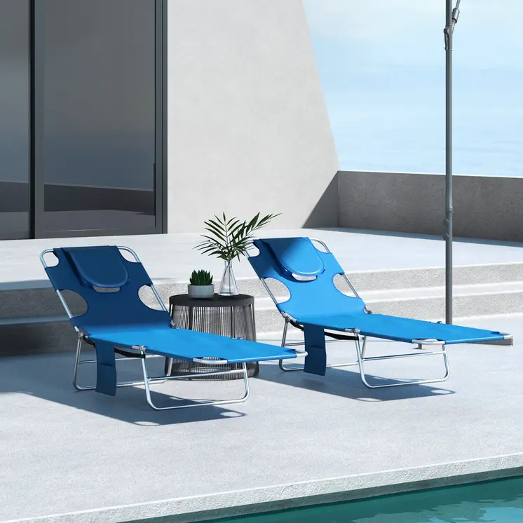 Foldable Sun Lounger Set of 2 with Reading Hole, Portable Sun Lounger with 5 Level Adjustable Backrest, Reclining Lounge Chair | Outsunny