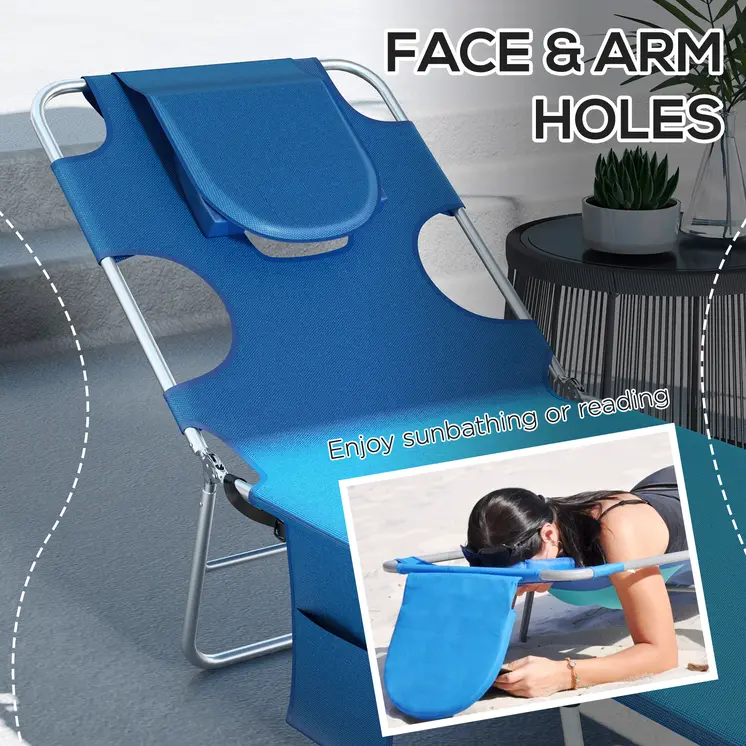 Foldable Sun Lounger Set of 2 with Reading Hole, Portable Sun Lounger with 5 Level Adjustable Backrest, Reclining Lounge Chair | Outsunny