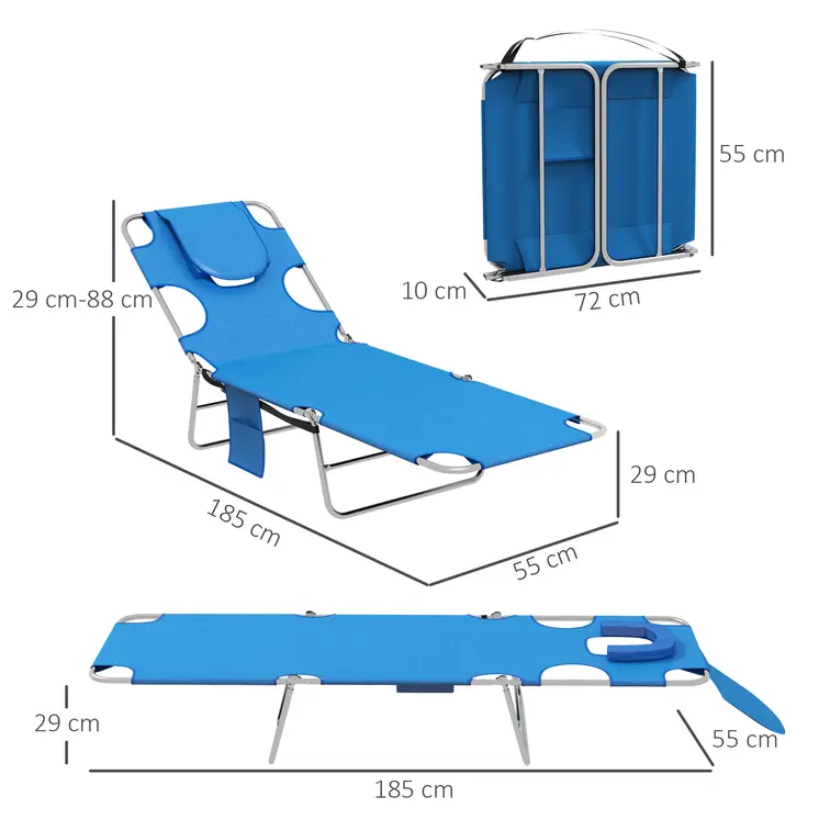 Foldable Sun Lounger Set of 2 with Reading Hole, Portable Sun Lounger with 5 Level Adjustable Backrest, Reclining Lounge Chair | Outsunny