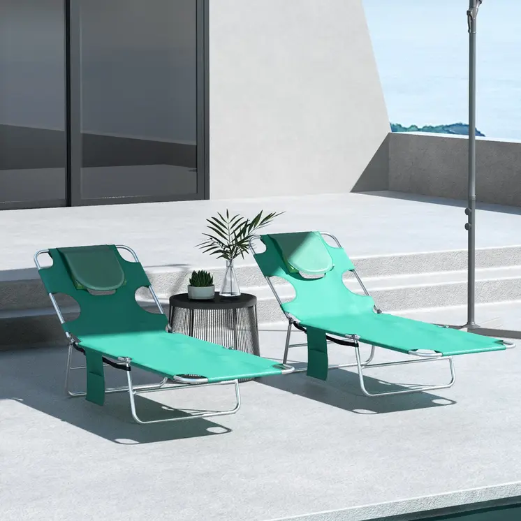 Foldable Sun Lounger Set of 2 w/ Reading Hole, Portable Sun Lounger w/ 5 Level Adjustable Backrest, Reclining Lounge Chair w/ Side | Outsunny