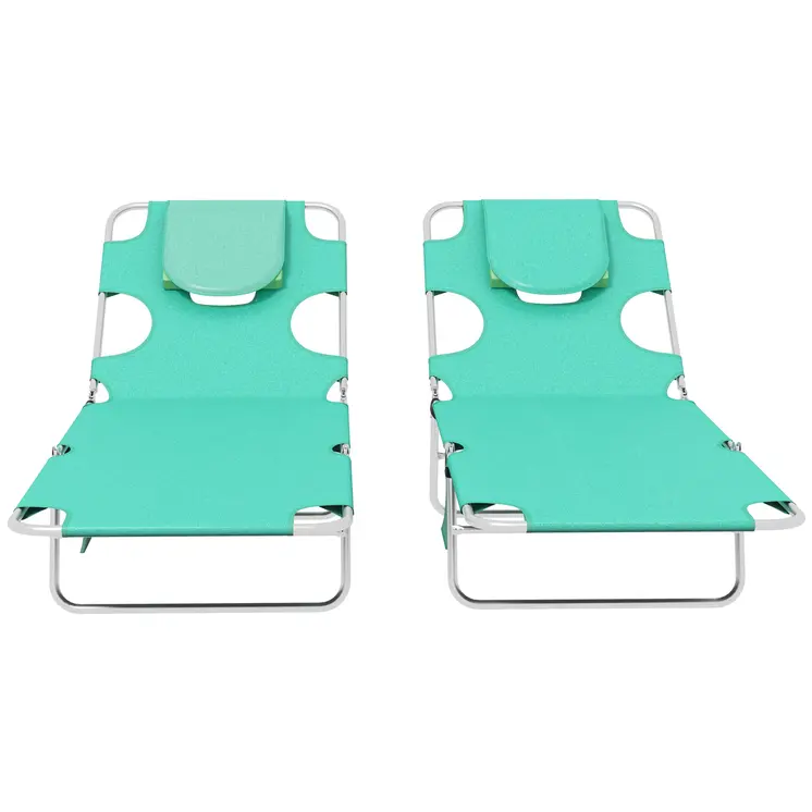 Foldable Sun Lounger Set of 2 w/ Reading Hole, Portable Sun Lounger w/ 5 Level Adjustable Backrest, Reclining Lounge Chair w/ Side | Outsunny