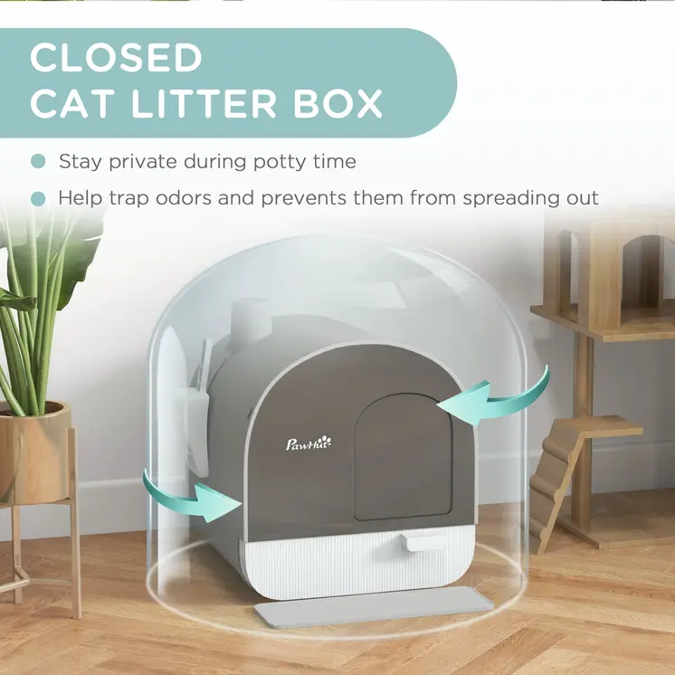 Hooded Cat Litter Box, Kitten Litter Tray, with Lid, Scoop, Filter, Flap Door, Light Grey | PawHut
