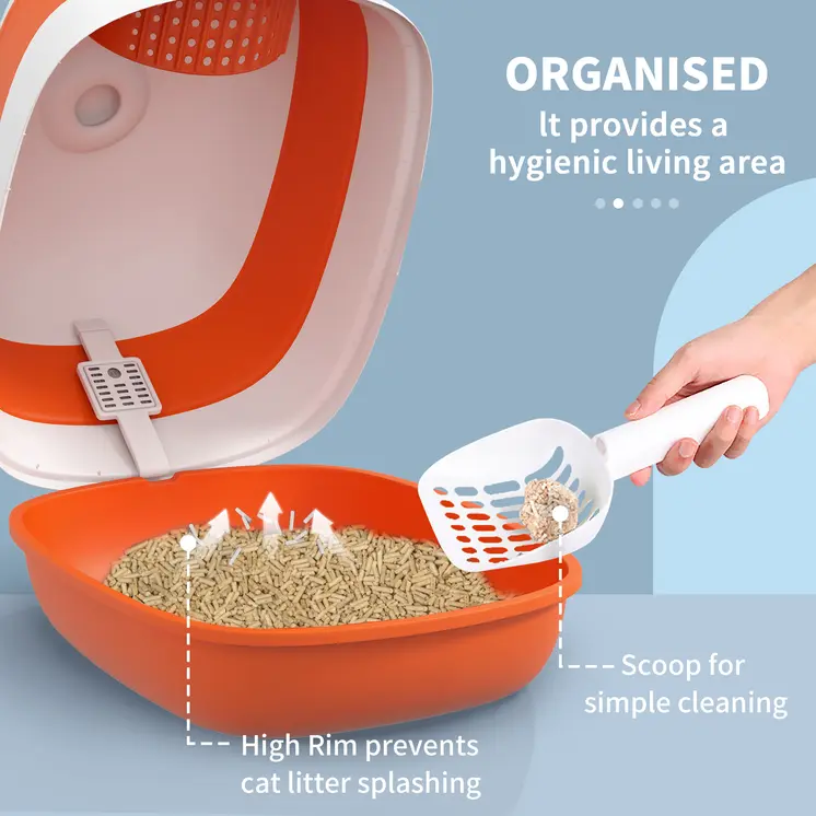 Foldable Cat Litter Tray with Lid, Deodorant, Scoop, Orange | PawHut