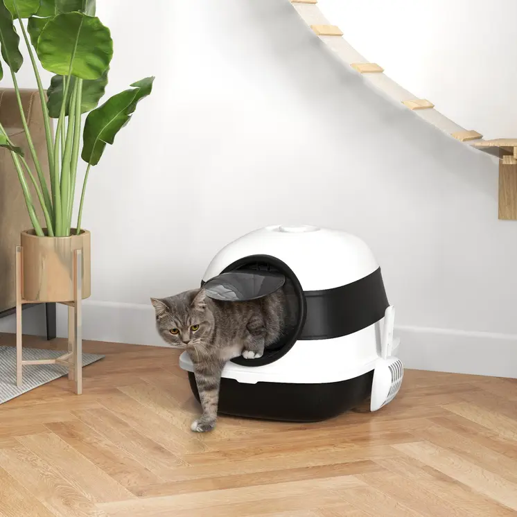 Foldable Cat Litter Tray with Lid, Deodorant, Scoop, Black | PawHut