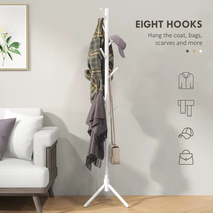 Eight-Hook Wooden Coat Rack in White | HOMCOM