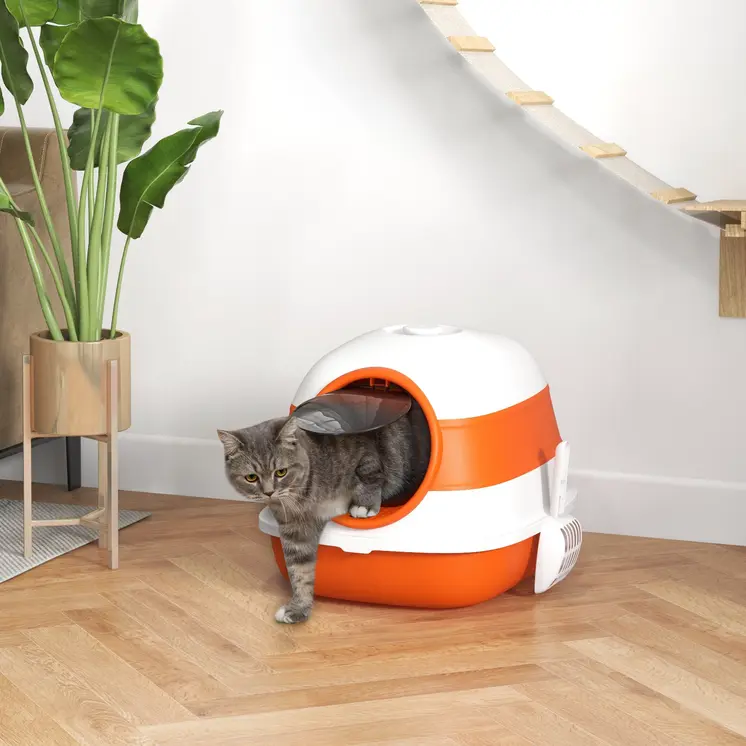 Foldable Cat Litter Tray with Lid, Deodorant, Scoop, Orange | PawHut