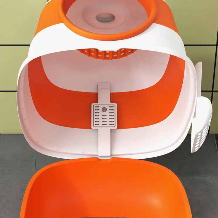 Foldable Cat Litter Tray with Lid, Deodorant, Scoop, Orange | PawHut