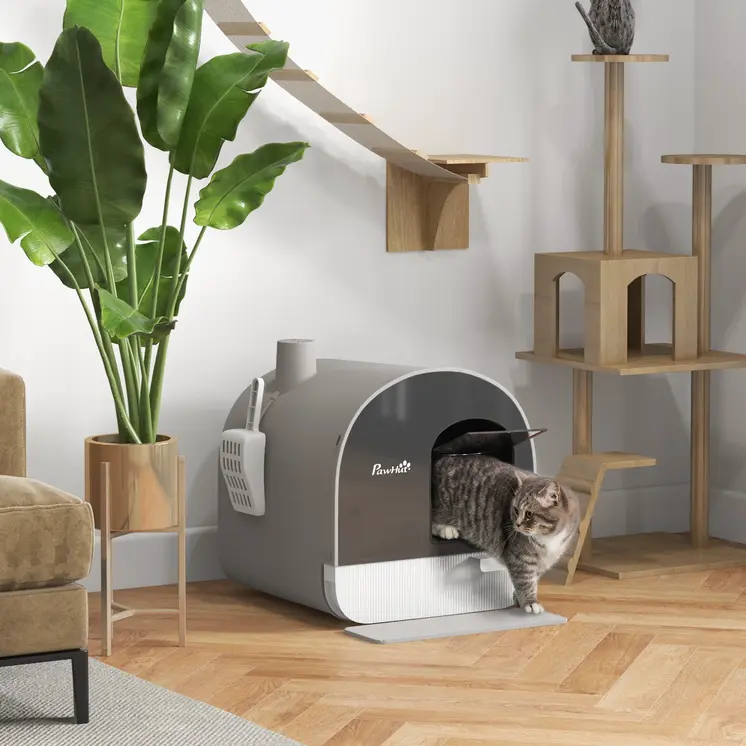 Hooded Cat Litter Box, Kitten Litter Tray, with Lid, Scoop, Filter, Flap Door, Light Grey | PawHut