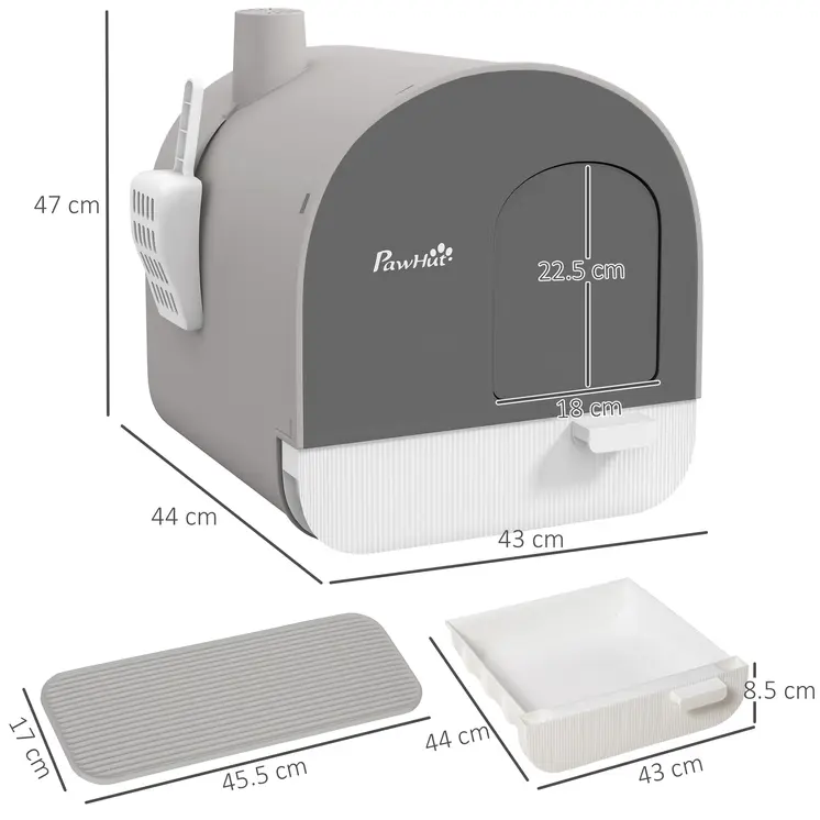 Hooded Cat Litter Box, Kitten Litter Tray, with Lid, Scoop, Filter, Flap Door, Light Grey | PawHut