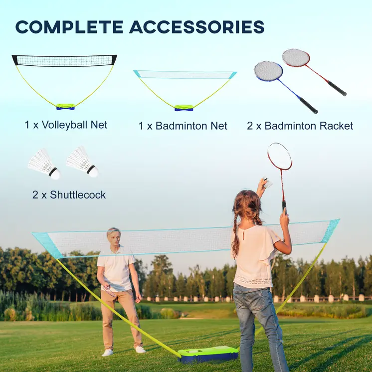 Badminton Set with Volleyball Net, Portable Badminton Net with 2 Rackets, 2 Shuttlecocks and Carry Case, for Indoor Outdoor Sports | SPORTNOW