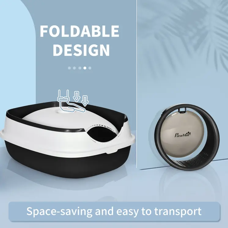 Foldable Cat Litter Tray with Lid, Deodorant, Scoop, Black | PawHut