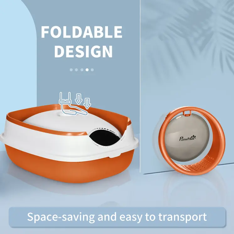 Foldable Cat Litter Tray with Lid, Deodorant, Scoop, Orange | PawHut