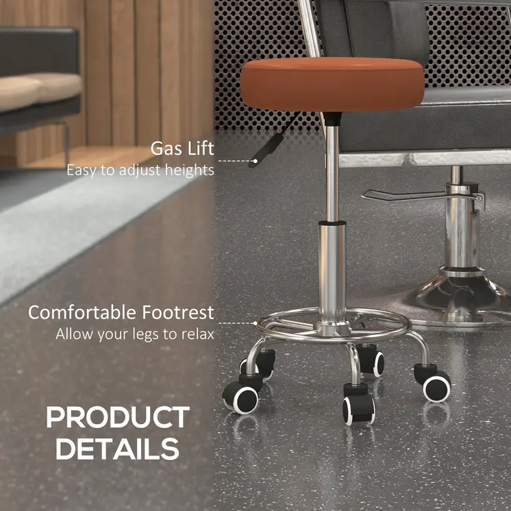 PU Leather Rolling Stool, Height Adjustable Stool Chair with Wheels for Salon, Massage, Spa, Brown | Vinsetto
