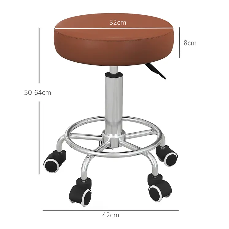 PU Leather Rolling Stool, Height Adjustable Stool Chair with Wheels for Salon, Massage, Spa, Brown | Vinsetto