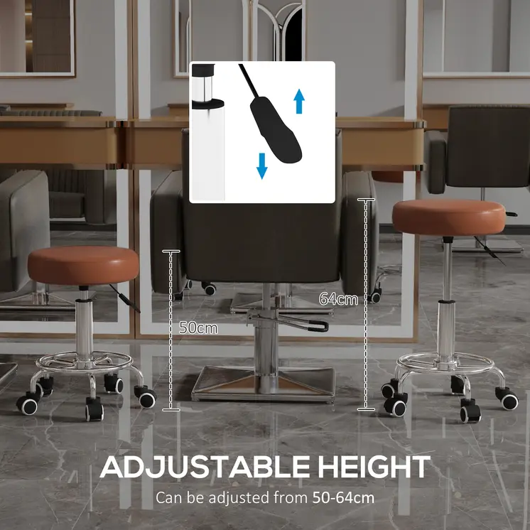 PU Leather Rolling Stool, Height Adjustable Stool Chair with Wheels for Salon, Massage, Spa, Brown | Vinsetto