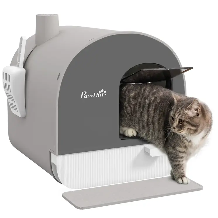 Hooded Cat Litter Box, Kitten Litter Tray, with Lid, Scoop, Filter, Flap Door, Light Grey | PawHut