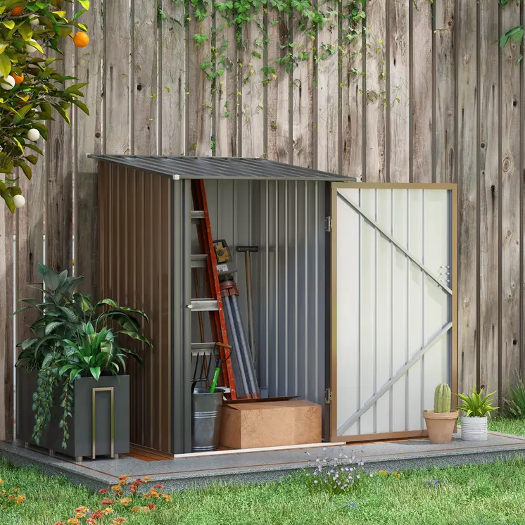 3.3ft x 3.4ft Lean to Garden Shed, Metal Outdoor Storage Shed with Single Lockable Door, Tool Storage Shed for Garden, Patio in Brown | Outsunny