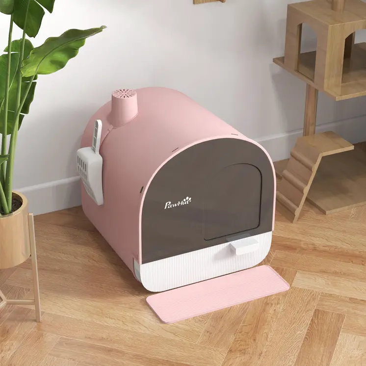Hooded Cat Litter Box, Kitten Litter Tray, with Lid, Scoop, Filter, Flap Door, Pink | PawHut