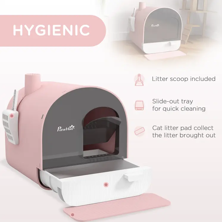 Hooded Cat Litter Box, Kitten Litter Tray, with Lid, Scoop, Filter, Flap Door, Pink | PawHut