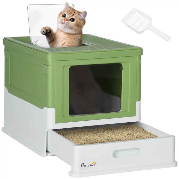 Hooded Cat Litter Box, Portable Pet Toilet, with Scoop, Front Entry in Lime Green | PawHut