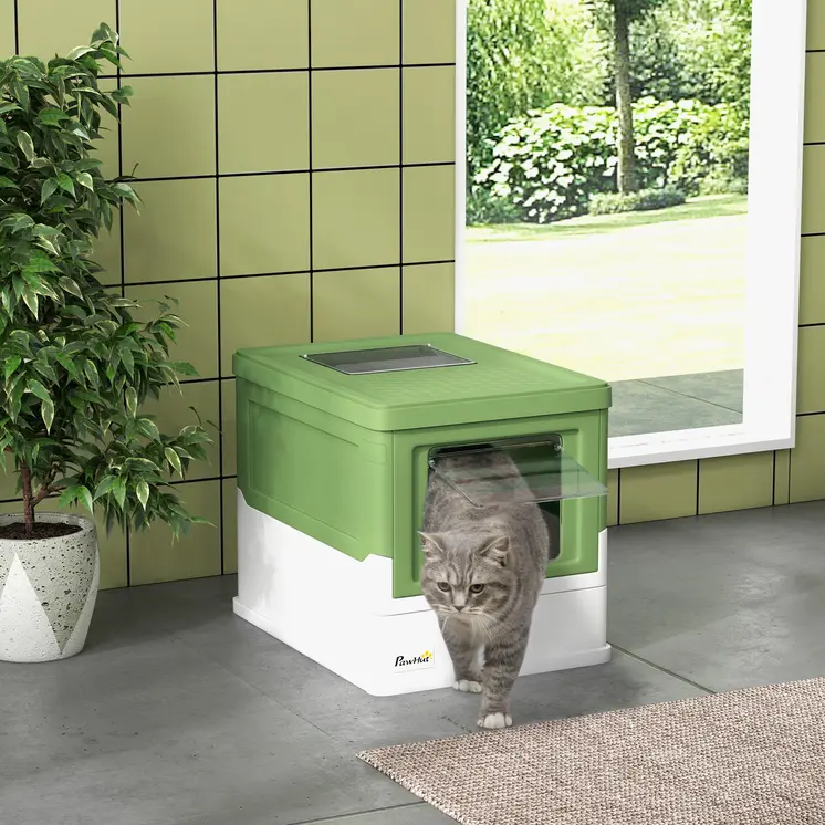 Hooded Cat Litter Box, Portable Pet Toilet, with Scoop, Front Entry in Lime Green | PawHut