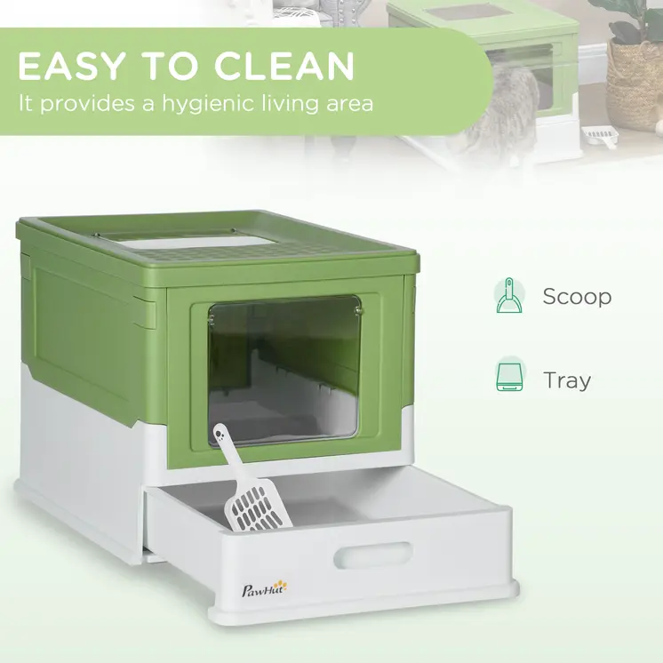 Hooded Cat Litter Box, Portable Pet Toilet, with Scoop, Front Entry in Lime Green | PawHut