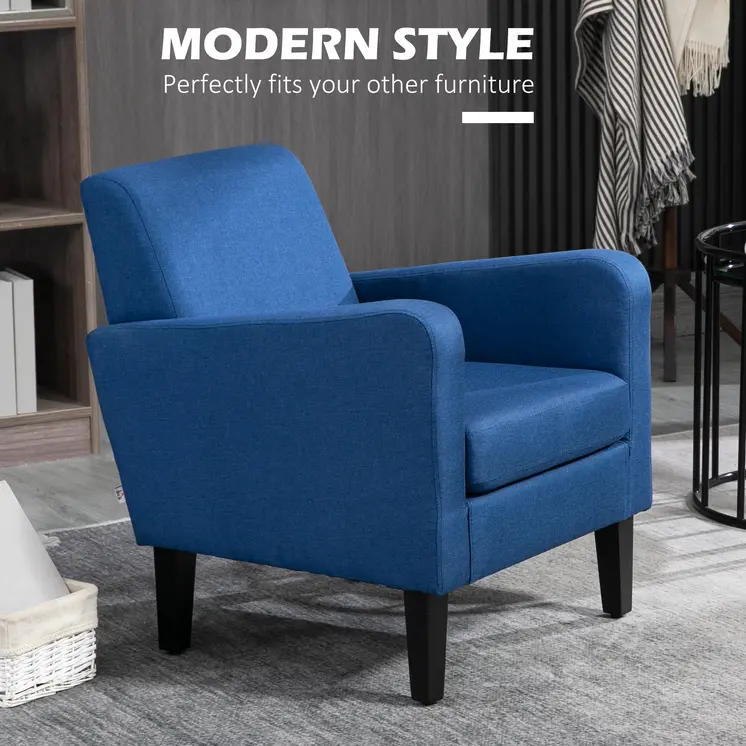 2 Pieces Modern Armchairs with Rubber Wood Legs, Upholstered Accent Chairs, Single Sofa for Living Room, Bedroom, Blue by HOMCOM