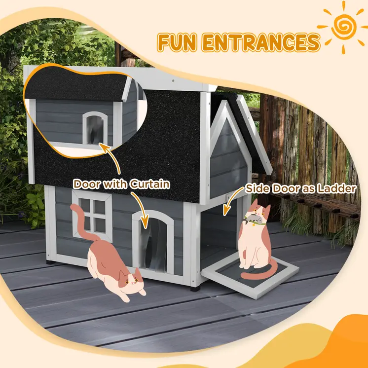 Outdoor Cat House, Wooden Feral Cat Shelter Waterproof Hide House with Openable Asphalt Roof and Three Doors, 77 x 57.5 x 68cm, Grey | PawHut