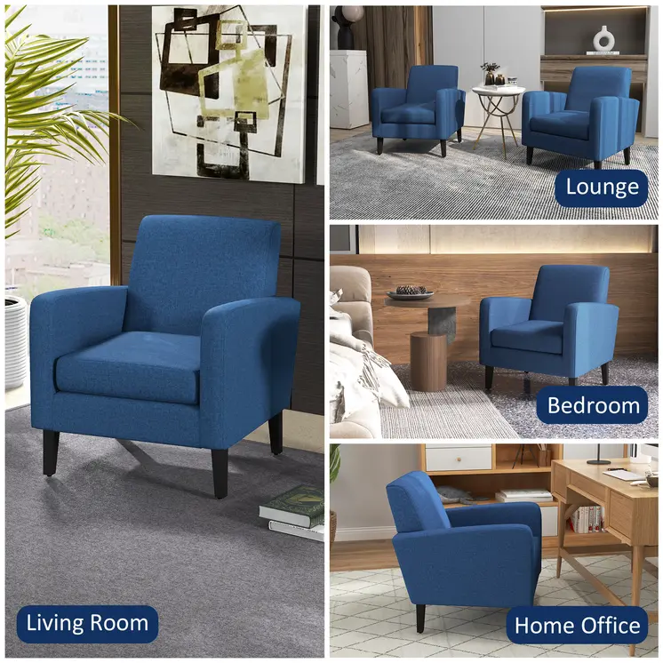 2 Pieces Modern Armchairs with Rubber Wood Legs, Upholstered Accent Chairs, Single Sofa for Living Room, Bedroom, Blue by HOMCOM