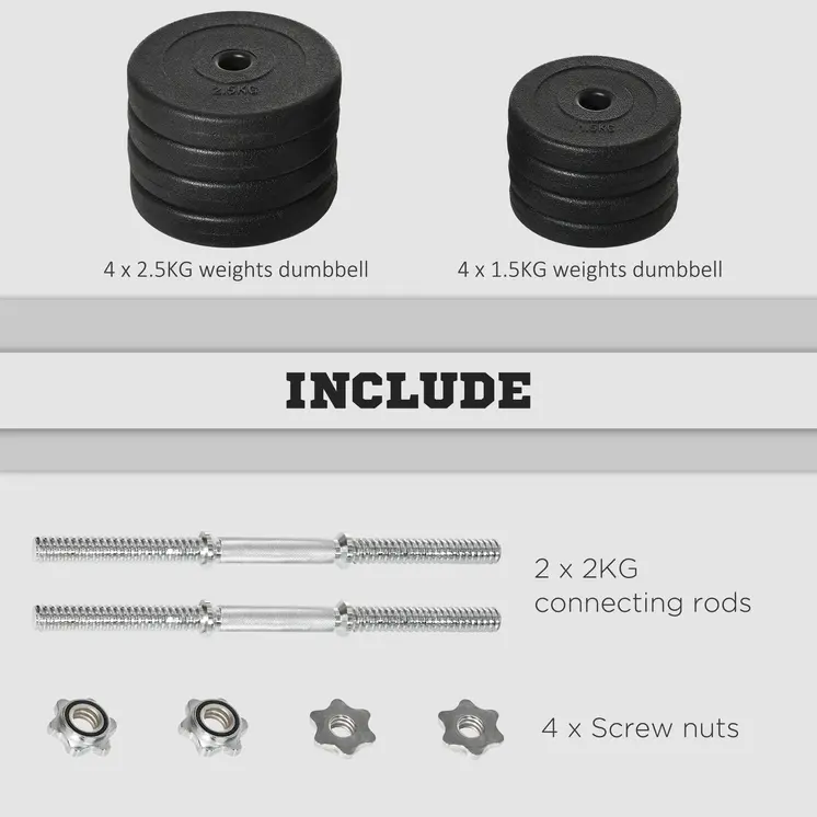 20KG Adjustable Weights Dumbbells Set, Dumbbell Hand Weights for Home Office Gym Body Fitness Lifting Training, Black | HOMCOM