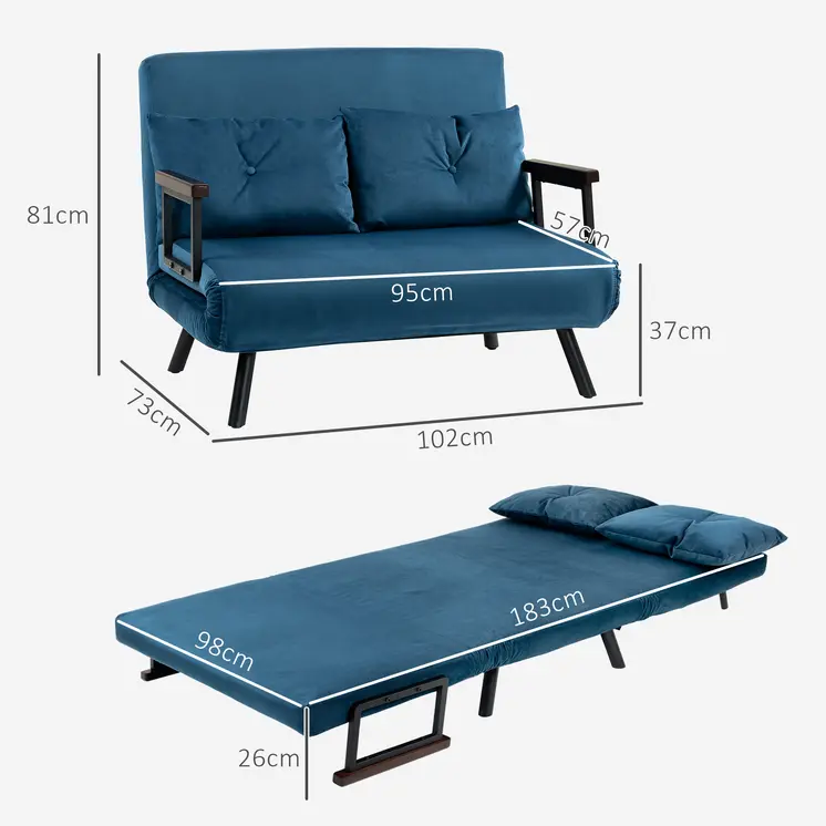 Click Clack Sofa Bed, Convertible 2 Seater Sofa Couch with 2 Cushions, for Living Room, Bedroom in Navy Blue by HOMCOM
