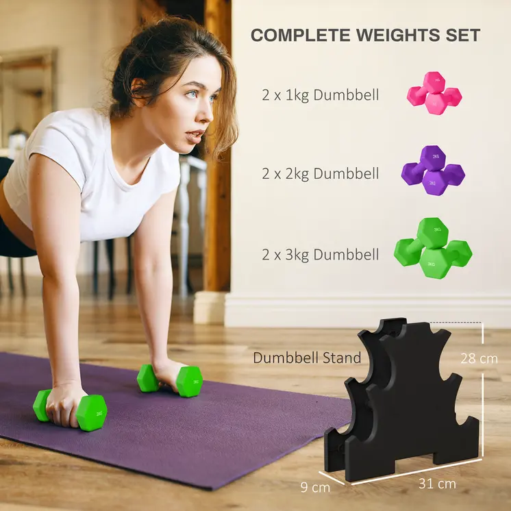 2 x 1kg, 2 x 2kg, 2 x 3kg Dumbbells Set with Dumbbell Rack, Hand Weights for Home Gym Training | SPORTNOW