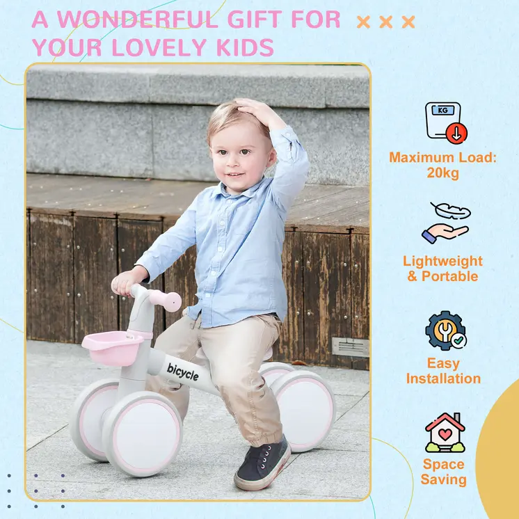 Kids Balance Bike for 1-3 Years Old with Adjustable Seat, Silent Wheels in Pink by AIYAPLAY