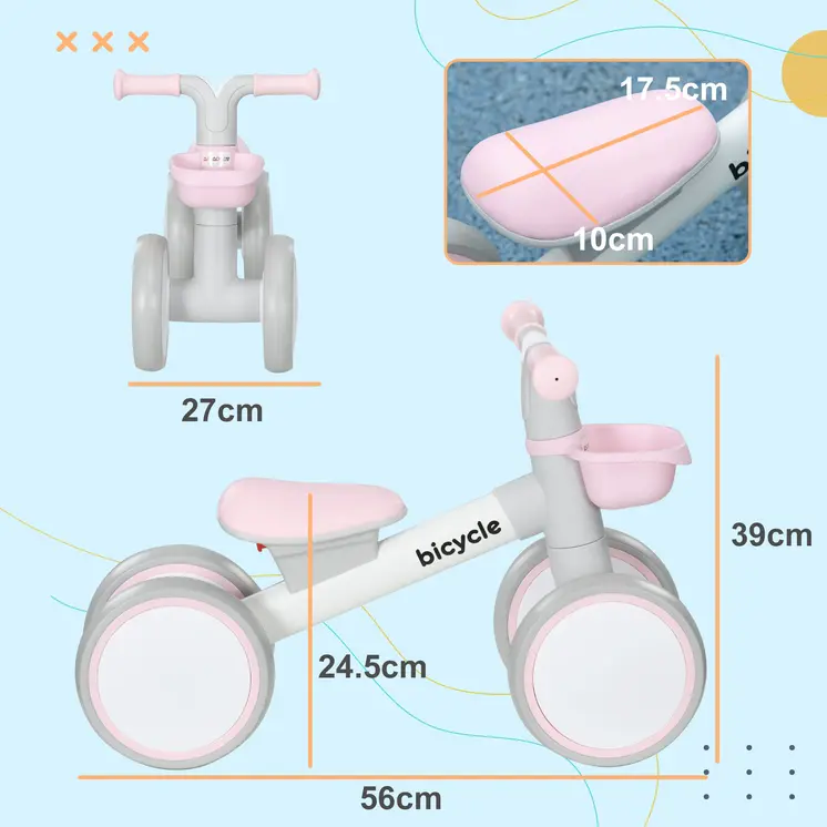Kids Balance Bike for 1-3 Years Old with Adjustable Seat, Silent Wheels in Pink by AIYAPLAY