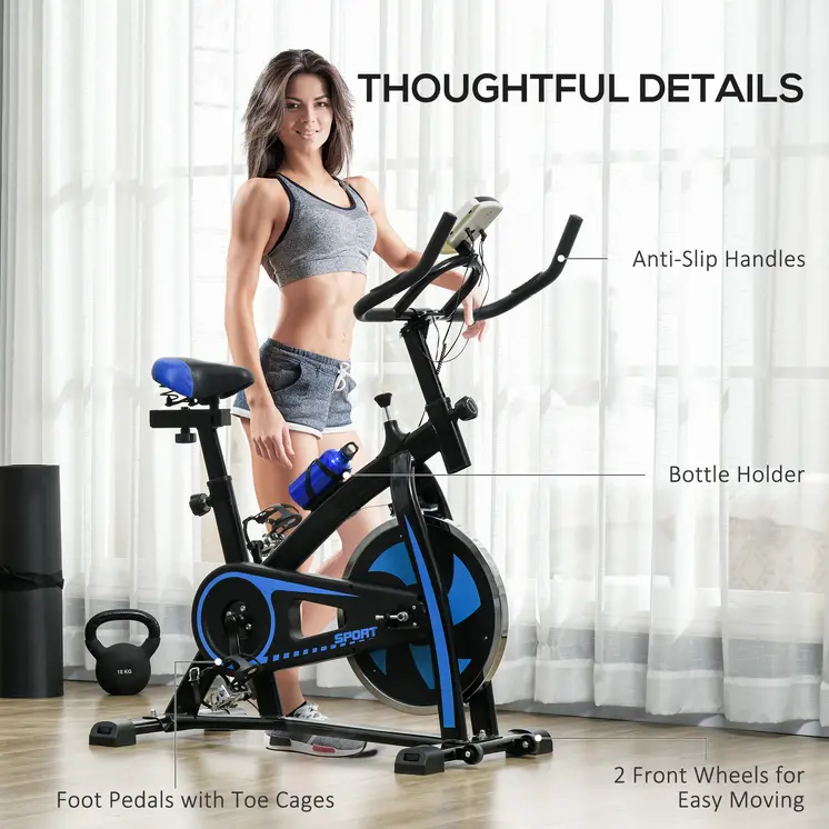 Exercise Bike, Indoor Stationary Bike, Cycling Machine with Adjustable Seat and Resistance for Home Gym Workout, Blue by SPORTNOW