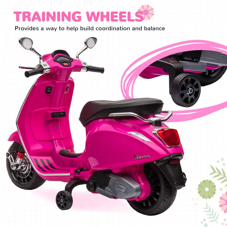 12V Vespa Licensed Kids Electric Scooter Motorbike w/ Music, Headlights, FM Radio, for 3-6 Years - Pink | AIYAPLAY