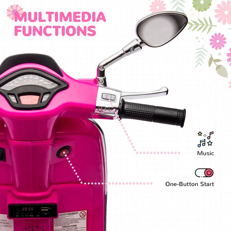 12V Vespa Licensed Kids Electric Scooter Motorbike w/ Music, Headlights, FM Radio, for 3-6 Years - Pink | AIYAPLAY