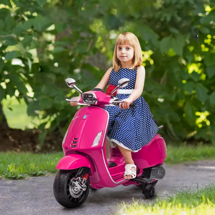 12V Vespa Licensed Kids Electric Scooter Motorbike w/ Music, Headlights, FM Radio, for 3-6 Years - Pink | AIYAPLAY