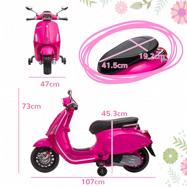 12V Vespa Licensed Kids Electric Scooter Motorbike w/ Music, Headlights, FM Radio, for 3-6 Years - Pink | AIYAPLAY
