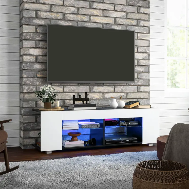 HOMCOM TV Stand, 145cm Modern TV Unit with Glass Shelves, RGB LED Light for 32 40 43 50 52 55 60 inch 4k TV in White