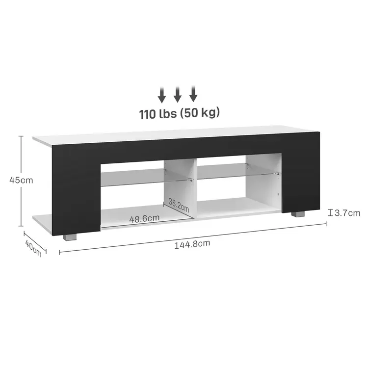 Modern TV Stand, 145cm TV Unit with Glass Shelves, RGB LED Light for 32 40 43 50 52 55 60 inch 4k TV, Black | HOMCOM