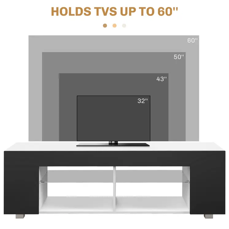 Modern TV Stand, 145cm TV Unit with Glass Shelves, RGB LED Light for 32 40 43 50 52 55 60 inch 4k TV, Black | HOMCOM