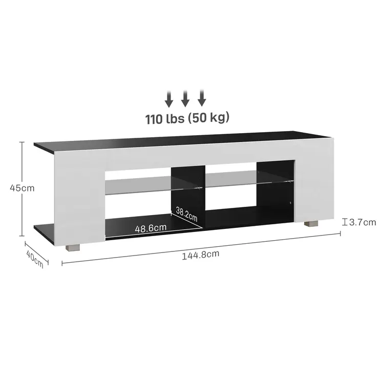 HOMCOM TV Stand, 145cm Modern TV Unit with Glass Shelves, RGB LED Light for 32 40 43 50 52 55 60 inch 4k TV in White