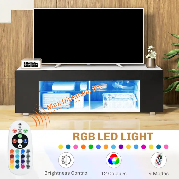 Modern TV Stand, 145cm TV Unit with Glass Shelves, RGB LED Light for 32 40 43 50 52 55 60 inch 4k TV, Black | HOMCOM