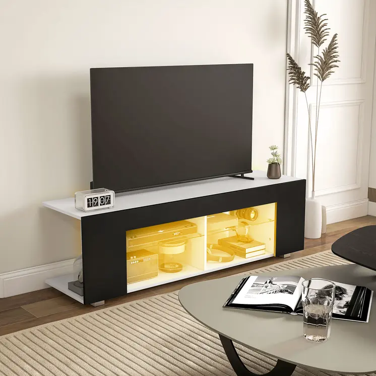 Modern TV Stand, 145cm TV Unit with Glass Shelves, RGB LED Light for 32 40 43 50 52 55 60 inch 4k TV, Black | HOMCOM